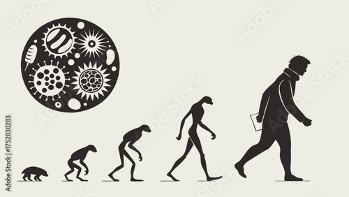 Human Evolution Progress from Microorganisms to Modern Human Walking Forward Scientific Illustration for Education Biology and Future