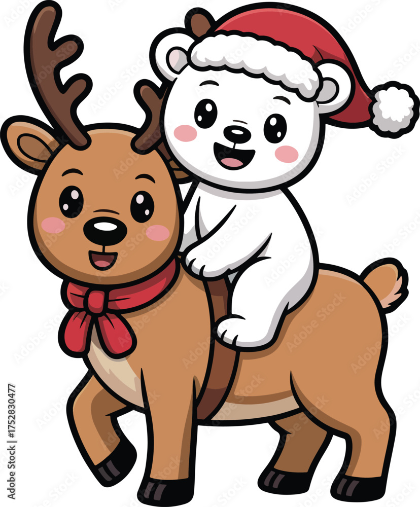 Obraz premium Cute Bear Riding Reindeer illustration, kawaii winter Clipart, winter holiday Sublimation, winter season Graphic 