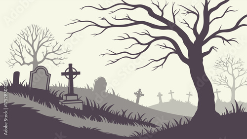 Eerie Graveyard Vector Illustration with Bare Trees and Tombstones on Hilly Ground for Halloween, Spooky Stories, and Memorial Designs