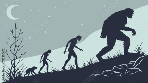 Human Evolution to Bigfoot Silhouette Ascending Hill at Night with Moon Mysterious Cryptid Progression and Discovery Journey