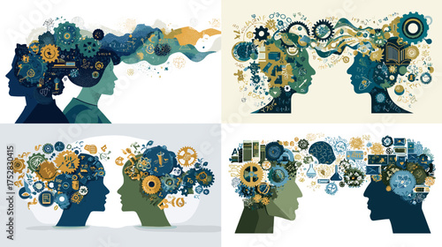 Creative human head silhouettes filled with gears and abstract patterns. Symbolic illustration of innovation, teamwork, communication, and knowledge sharing concepts.