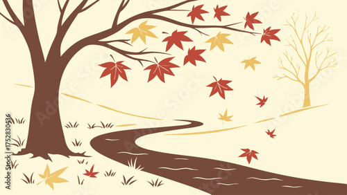 Peaceful Autumn Landscape with Falling Leaves and Winding Path. Scenic Fall Nature Background for Seasonal Designs, Travel, and Change Themes.