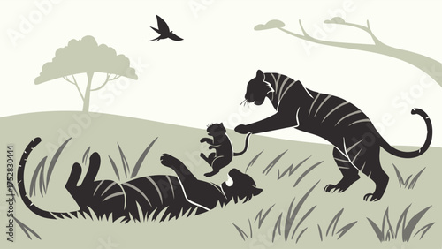 Playful Tiger Family Bonding with Cub in Wild Nature Silhouette Illustration for Parenting and Wildlife Education