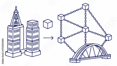 Buildings and Cubes Transforming into a Connected Network and Bridge Structure. System Integration, Data Architecture, and Infrastructure Development Diagram.