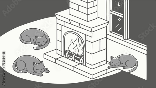 Cozy Cats Sleeping by Warm Fireplace on a Winter Night. Peaceful Home Comfort and Relaxation Illustration for Lifestyle and Pet Content.