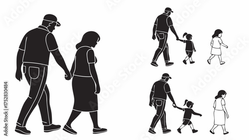 Family Silhouettes Walking Hand in Hand Father Daughter Couple and Child Vector Illustration for Parenthood and Relationship Designs