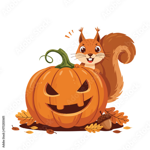 A mischievous squirrel with a surprised look peeks from behind a grinning pumpkin, holding a tiny stolen acorn amidst fall leaves in a vibrant 2D vector illustration.