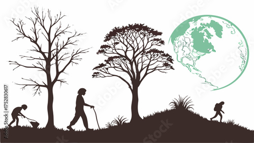 Generations in Nature. Silhouettes Gardening, Walking, Hiking on Hill. Earth Globe, Trees. Environmental Care, Healthy Lifestyle, Sustainability Journey.