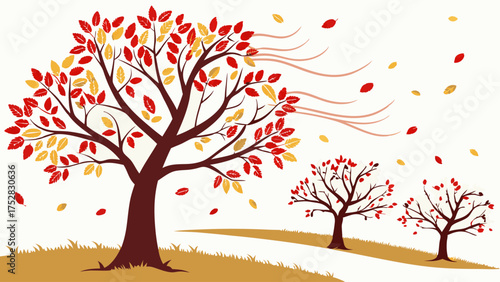 Vibrant Autumn Trees with Falling Leaves Blowing in Wind Vector Illustration Seasonal Fall Background for Web Design and Marketing