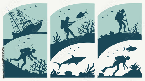 Underwater Scuba Divers Exploring Shipwreck Coral Reef and Marine Life Silhouette Illustration for Adventure Discovery and Ocean Travel