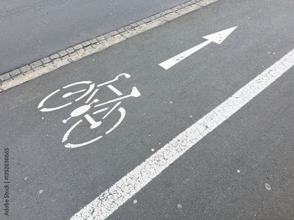 Obraz premium Bicycle lane marking on urban road with directional arrow