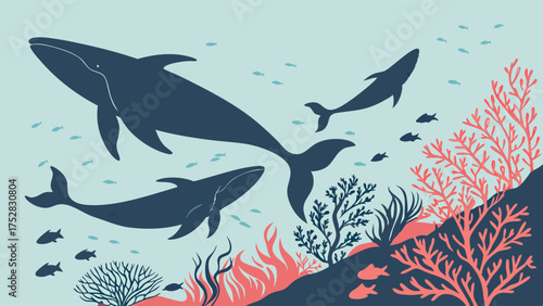 Majestic Whales Swimming in Vibrant Underwater Coral Reef. Healthy Ocean Marine Life Illustration for Nature Conservation and Education.