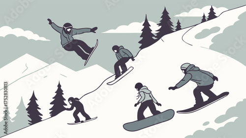 Dynamic Snowboarders Jumping and Riding Down Snowy Mountain. Winter Sports Adventure, Active Lifestyle, and Outdoor Fun Illustration.