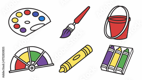 Vibrant Art Supplies Including Palette, Paintbrush, Crayons, Color Wheel for Kids Creativity, Education, and Fun Craft Activities.