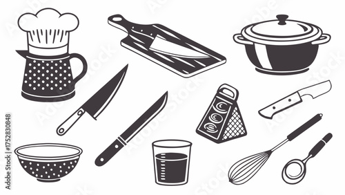 Professional Kitchen Utensils and Culinary Tools Vector Icon Set for Food Preparation Restaurant Menus and Home Cooking
