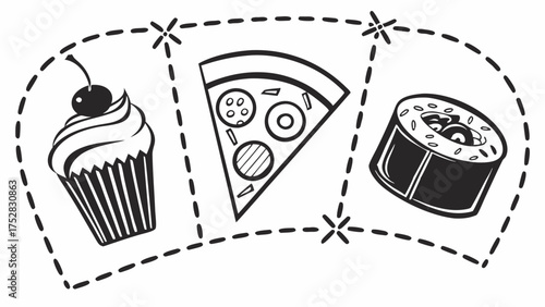 Food Choices Illustration Cupcake Pizza Sushi Roll for Restaurant Menu Design Online Ordering Apps and Culinary Website Graphics