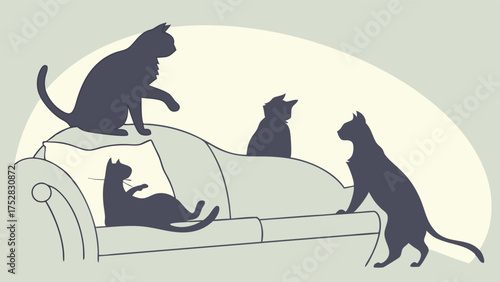 Cozy Cats Relaxing on Sofa Silhouette Illustration for Comfortable Home Lifestyle and Pet Care Design