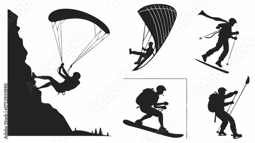 Thrilling Outdoor Adventure Sports Silhouettes for Active Lifestyle and Travel Marketing Rock Climbing Paragliding Skiing and Hiking Vector Set
