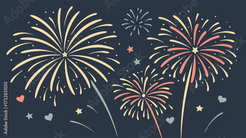 Pastel Fireworks Display in Dark Night Sky. Festive Celebration Background for New Year's Eve, Holiday Events, Party Invitations, Joyful Design