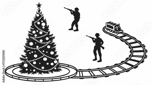 Christmas Tree Toy Soldiers And Toy Train Silhouette Illustration Festive Holiday Season Contrast Childhood Playtime Advertising