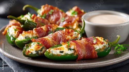 Spicy jalape?o poppers stuffed with cheese wrapped in bacon served on a dark plate with a dipping sauce and garnished with fresh herbs for appetizer or snack