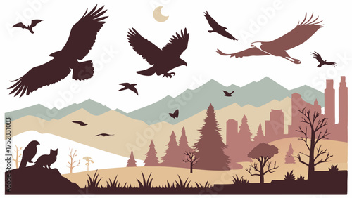 Powerful Eagles Flying Over Wild Mountain Forest Landscape with Distant City Skyline Silhouette Vector Illustration for Nature Conservation and Eco Tourism