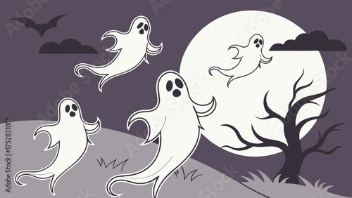 Spooky Halloween Ghosts Flying Under Full Moon and Bare Tree Illustration for Seasonal Marketing Kids Events and Party Invitations