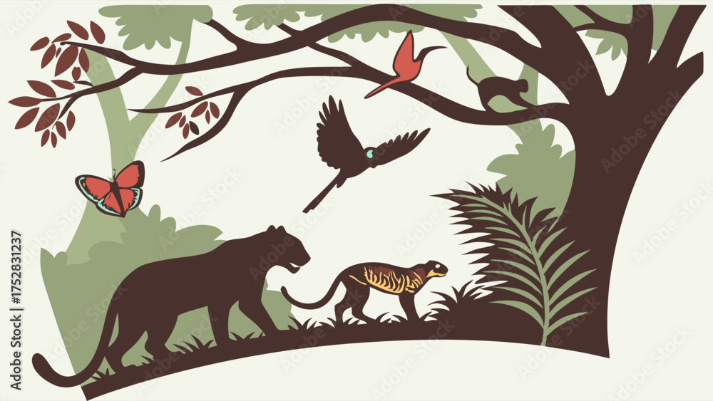 Naklejka premium Vibrant Tropical Jungle Animals Illustration Featuring Black Panther Monkey Toucan and Butterfly for Nature Education and Conservation