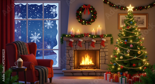 Cozy Christmas living room scene with a warm fireplace and decorated tree, snow falling outside