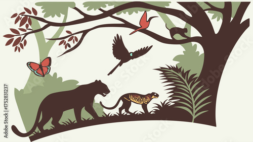 Vibrant Tropical Jungle Animals Illustration Featuring Black Panther Monkey Toucan and Butterfly for Nature Education and Conservation