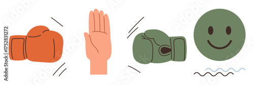 Boxing gloves, raised hand signaling pause, and friendly smiling face conveying conflict resolution, teamwork, and balance. Ideal for communication, cooperation, negotiation, peacebuilding