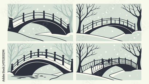 Snowy Winter Bridge Illustrations Set. Peaceful Arched Landscapes for Seasonal Holiday Cards, Web Design, and Nature Backgrounds.