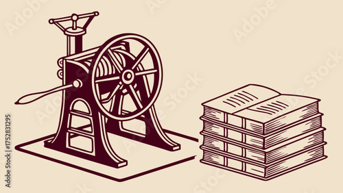 Vintage Printing Press and Stack of Books. Traditional Publishing, Education, and Literary Production. Retro Craftsmanship for Historical Knowledge.
