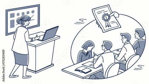 Business Woman Presenting Training Session and Expert Panel Evaluating Performance for Award Recognition and Professional Development