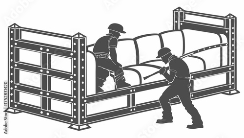 Manual Laborers Packing Soft Goods into Industrial Manufacturing Frame Silhouette