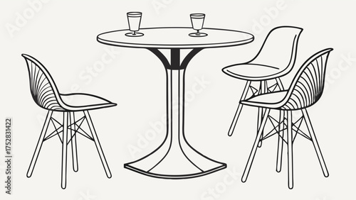 Modern Minimalist Cafe Table and Chairs Line Art for Restaurant Design. Stylish Dining Furniture Vector for Hospitality and Social Gatherings