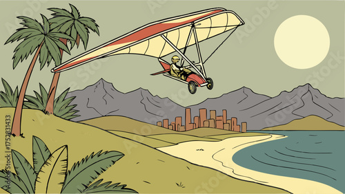 Retro Illustration of Pilot Flying Powered Hang Glider Over Tropical Beach with City Skyline. Adventure Travel, Summer Vacation, Freedom.