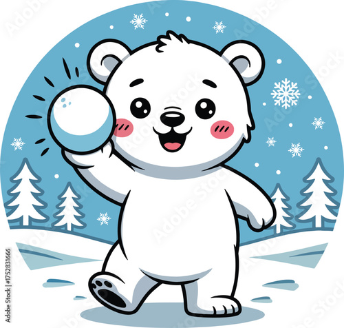 Kawaii Polar Bear Snowball Fight illustration, kawaii winter Clipart, winter holiday Sublimation, winter season Graphic
