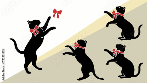 Playful Black Cats with Red Bows. Energetic Felines Jumping and Reaching. Cute Pet Animal Illustration for Kids Content, Web Design, and Marketing Campaigns.