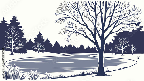 Peaceful Winter Landscape with Frozen Pond Bare Trees and Snowy Forest Minimalist Graphic Design for Seasonal Nature Backgrounds Web Print