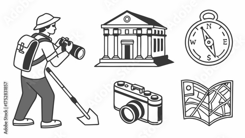Archaeologist Exploring Ancient Site with Camera and Shovel. Museum, Compass, Map Icons for Historical Research, Adventure Travel, Discovery Education.