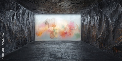 Empty industrial room with dramatically textured dark walls, contrasting sharply with a brightly illuminated abstract painting featuring vibrant pastel hues on the back wall.