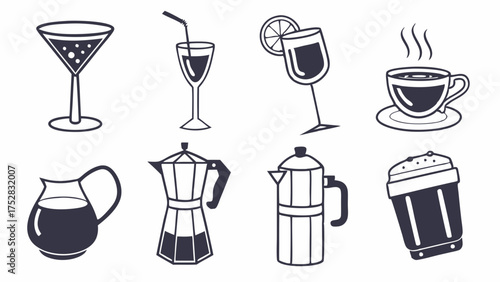 Black and White Outline Drinks and Coffee Makers Vector Icons for Cafe Restaurant Bar Menu Design Beverage Industry Refreshment Illustration
