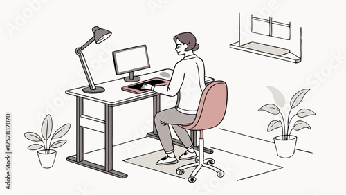Productive Woman Working Remotely on Computer in Modern Home Office Setup Digital Work and Online Learning Illustration