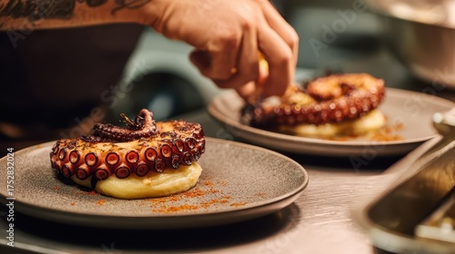 Grilled Octopus Plated on Potato Puree with Culinary Precision