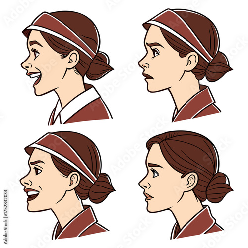 Young female salesperson facial icon set on white background