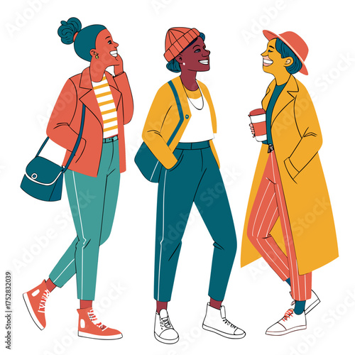 Three stylish happy young women simple vector illustration set on white background