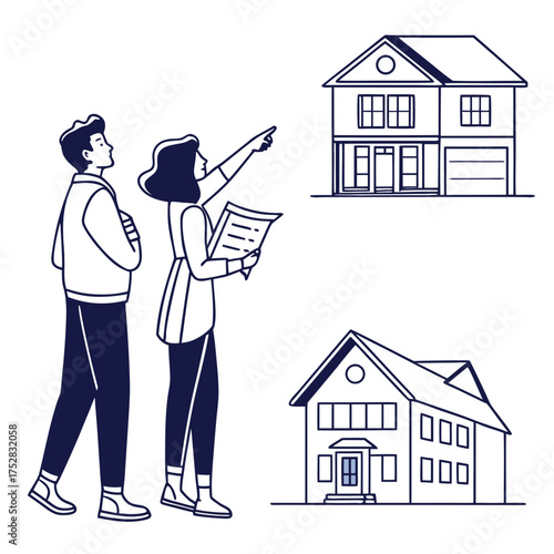 Young couple comparing condominium and house simple vector illustration on white background