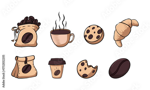 Sticker, drawing of coffee, pastries, bags of coffee