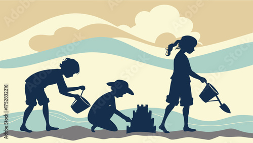 Joyful Kids Building Sandcastle on Beach Shore Summer Vacation Fun Childhood Play and Creative Development